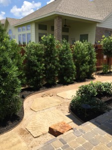 Flagstone pathways through bushes and trees in Katy, TX