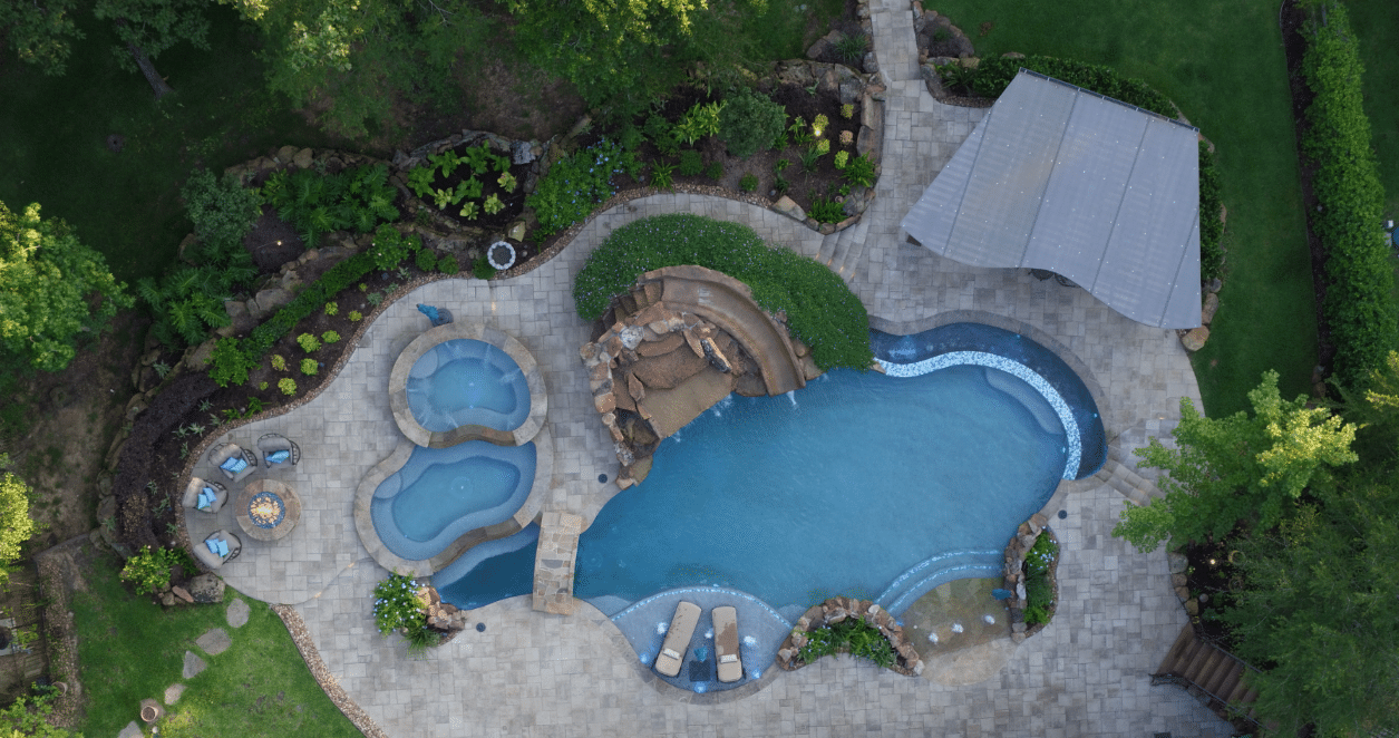 Aerial view of backyard pool landscaping